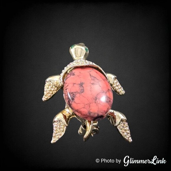Vintage 1960s Gerry's Pink Stone Rhinestone Turtle Gold Tone Brooch Pin - Picture 4 of 9